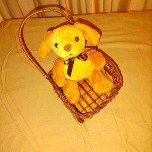 Plush Puppy in wicker cart